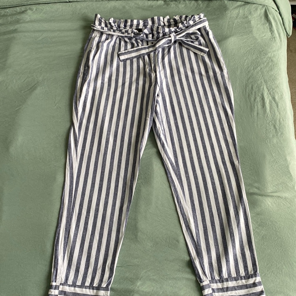 Zara Navy and White Striped Paperbag Waist Straight Leg Pants